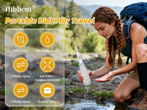 Hibbent Portable Bidet for Travel, High Pressure Electric Handheld Bidet Sprayer, 350-550ML Expandable Bottle for Personal Hygiene, USB-C Rechargeable Waterproof, Travel Bidet for Women & Men, White