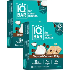 IQBAR Plant Protein Bars - Brain & Body Nutrients for Focus, Energy, Meal Replacement, Toasted Coconut Chip - 24 Count