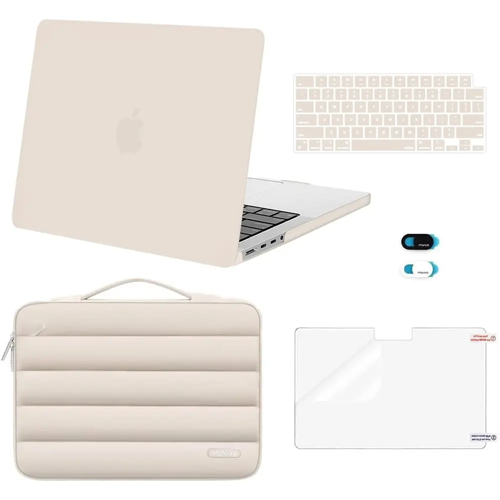 MOSISO Compatible with MacBook Pro 14 inch Case M5 2026 M4 M3 M2 M1 2025-2021 A3427 A3426 A3434 A3112 A3185 A3401 A2918 A2992 A2779 A2442, 5 in 1 Kit Plastic Hard Shell &Puffy Sleeve Bag, Screen Protector, Webcam Cover, School, Water Resistant, Keyboard C