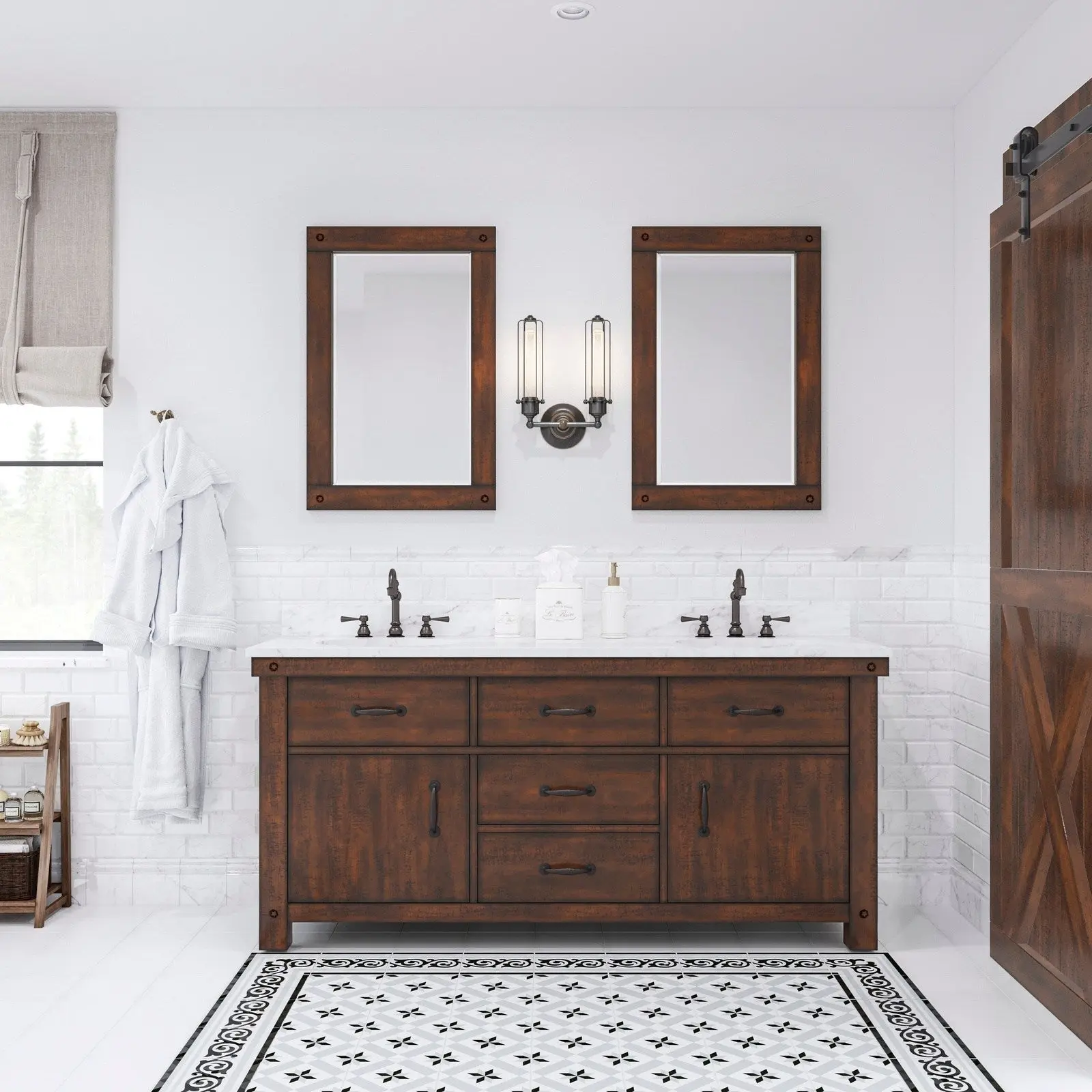 Water Creation Aberdeen 72" Double Sink Carrara White Marble Countertop Vanity in Rustic Sierra