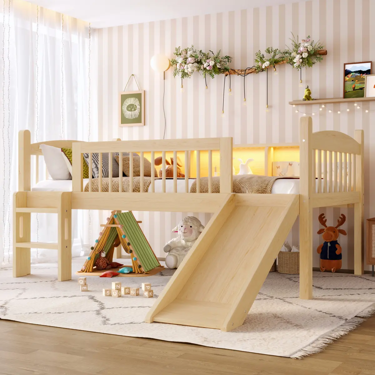 Glam Solid Pine Twin Loft Bed - 77.76"l x 74.41"w x 37"h, Lower Loft Design, LED Lights, Full-Length Guardrails, Natural Finish, Storage Shelves, No Box Spring Needed, Durable, Space-Saving, Assembly Required