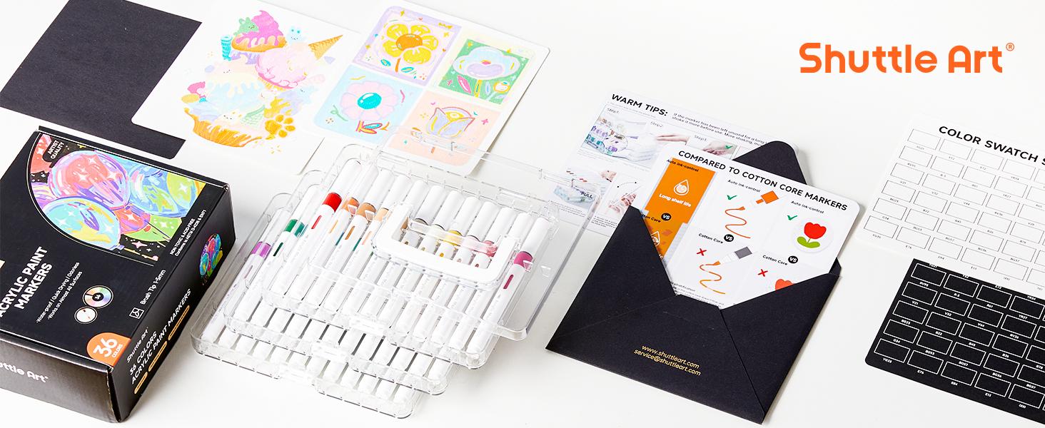 Shuttle Art-Automatic Ink Control Acrylic Paint Markers, 24/36/60 Colors Brush Tip Acrylic Paint Pens for Rock Painting, Ceramic, Wood, Canvas, Glass, Stone, Fabric, Card Making, DIY & Art Supplies modelpaintingmarkers,Pastel,Metallic,Storage Box
