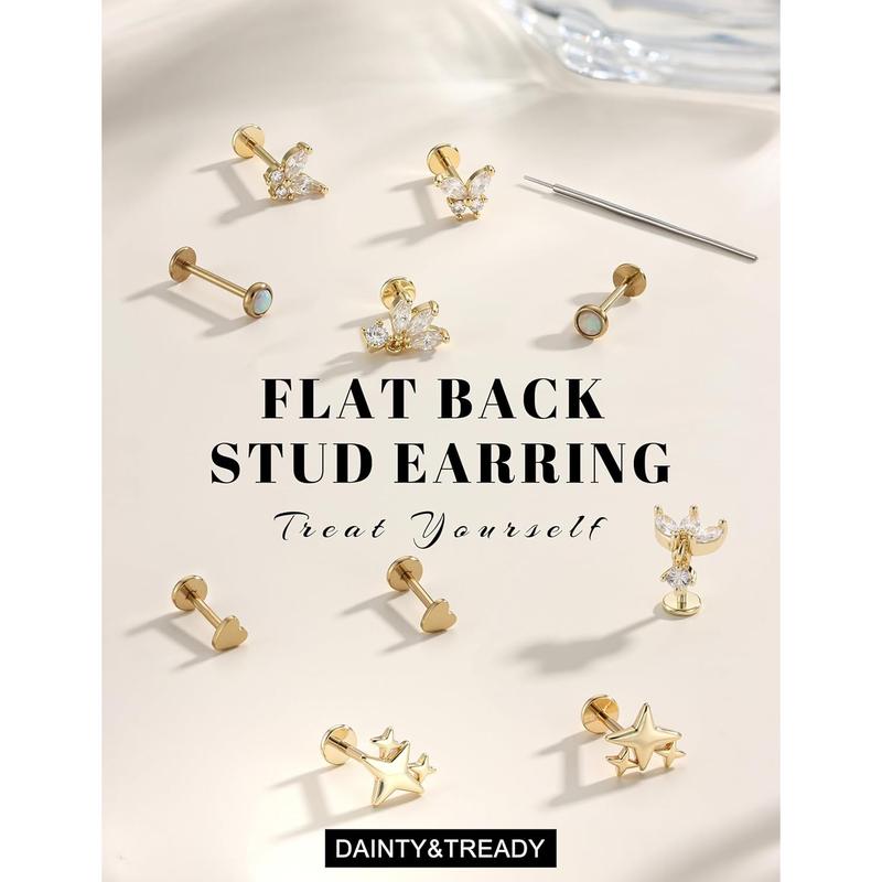 FIASASO Hypoallergenic Flat Back Stud Earrings Surgical Steel Cartilage Earrings for Women Flatback Threadless Push in Nose Studs Lip Labret Medusa Conch Helix Tragus Piercing Jewelry 16G/18G/20G