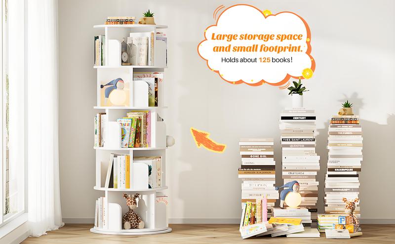 Unikito 4/5/6 Tier Rotating Bookshelf, 360 ° Display Stackable Spinning Bookshelf Tower, Narrow Space Saving Tall Floor Standing Swivel Bookcase Corner Storage Organizer for Bedroom, Living Room, shelves  bedroom
