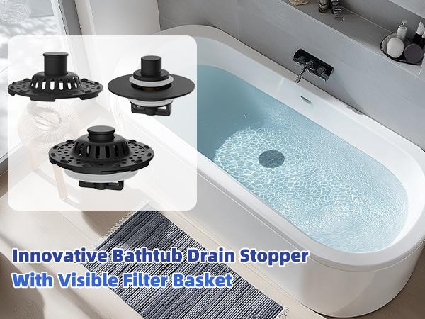 Universal Bathtub Drain Stopper Shower Drain Hair Catcher, Tub Stopper with Visible Top Strainer, Upgraded 3 in 1 Pop-up Drain Plug Fit for 1.5 to 2.4" Hole, Stainless Filter Basket  Matte Black