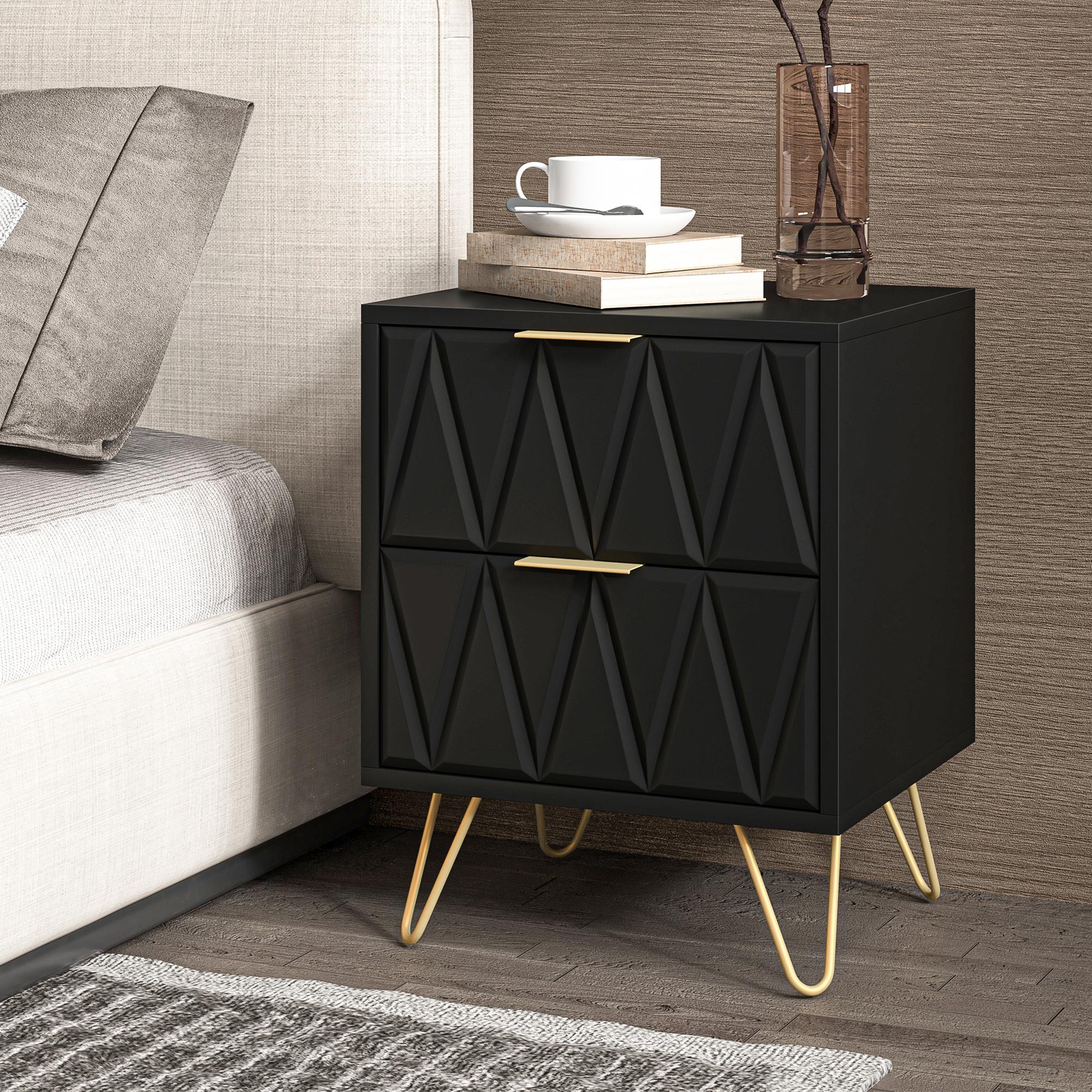 Spaco Modern Black Nightstand Set of 2,Double End Side Table with 2 Drawers,Stylish Bedside Table for Bedroom and Living Room,Dual Night Stand with Metal Legs
