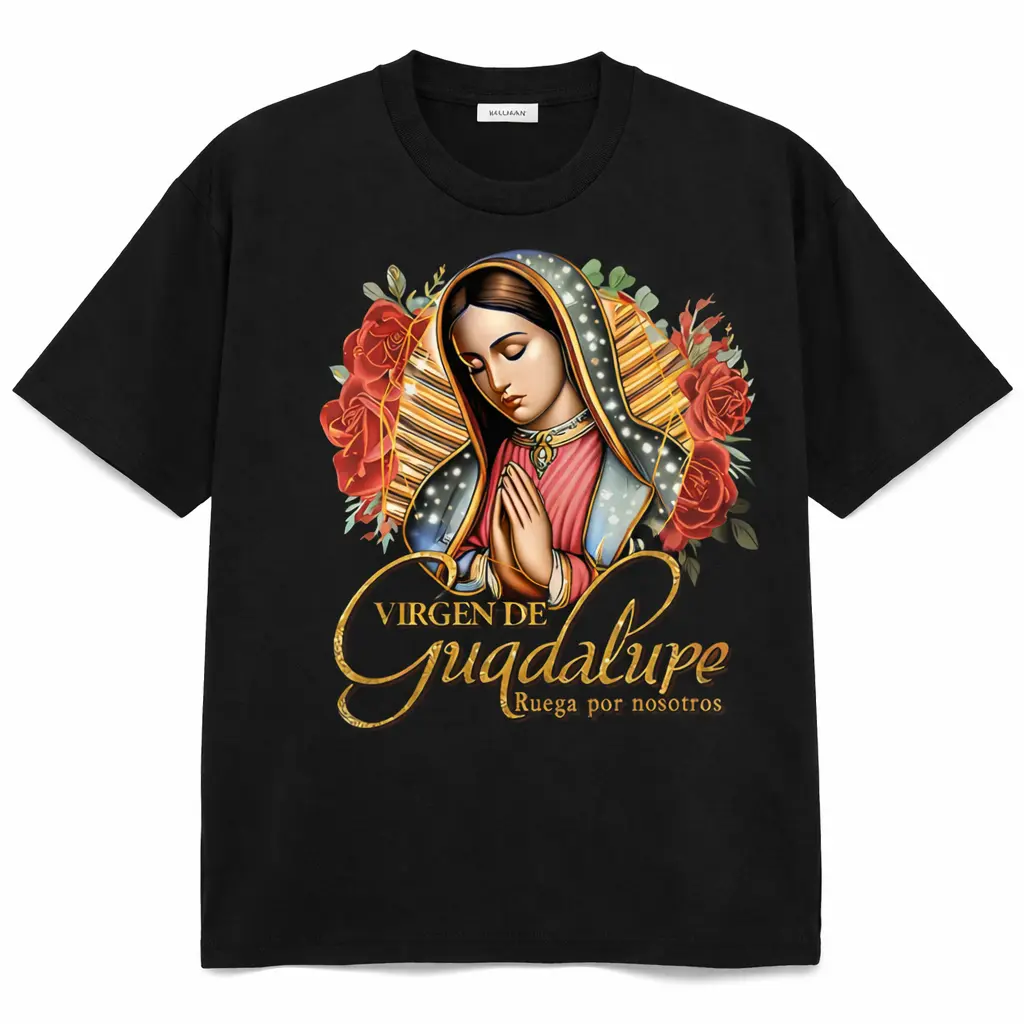 Relaxed Fit Streetwear T-Shirt with a Vibrant Guadalupe Graphic, Unisex Plus Size Cultural Icon Tee for Casual Fashion, Menswear, M, Round Neck, Iconic Artwork