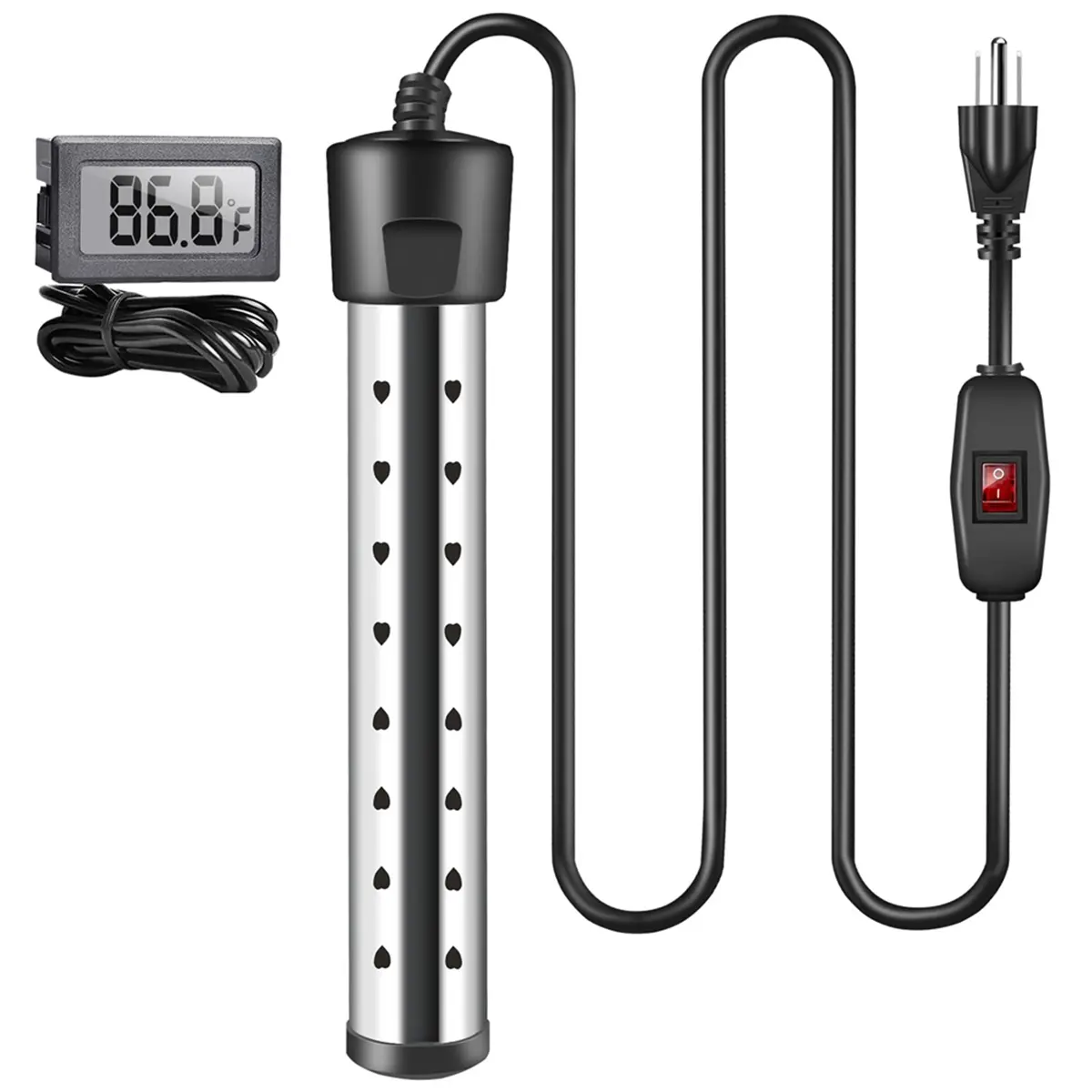 1500W Stainless Steel Immersion Water Warmer for Household Appliances, US Plug with Switch & Intelligent Temp Control, Portable Heating Device for Bathtubs, Inflatable Pools, Buckets & Outdoor Activities, Temperature Control
