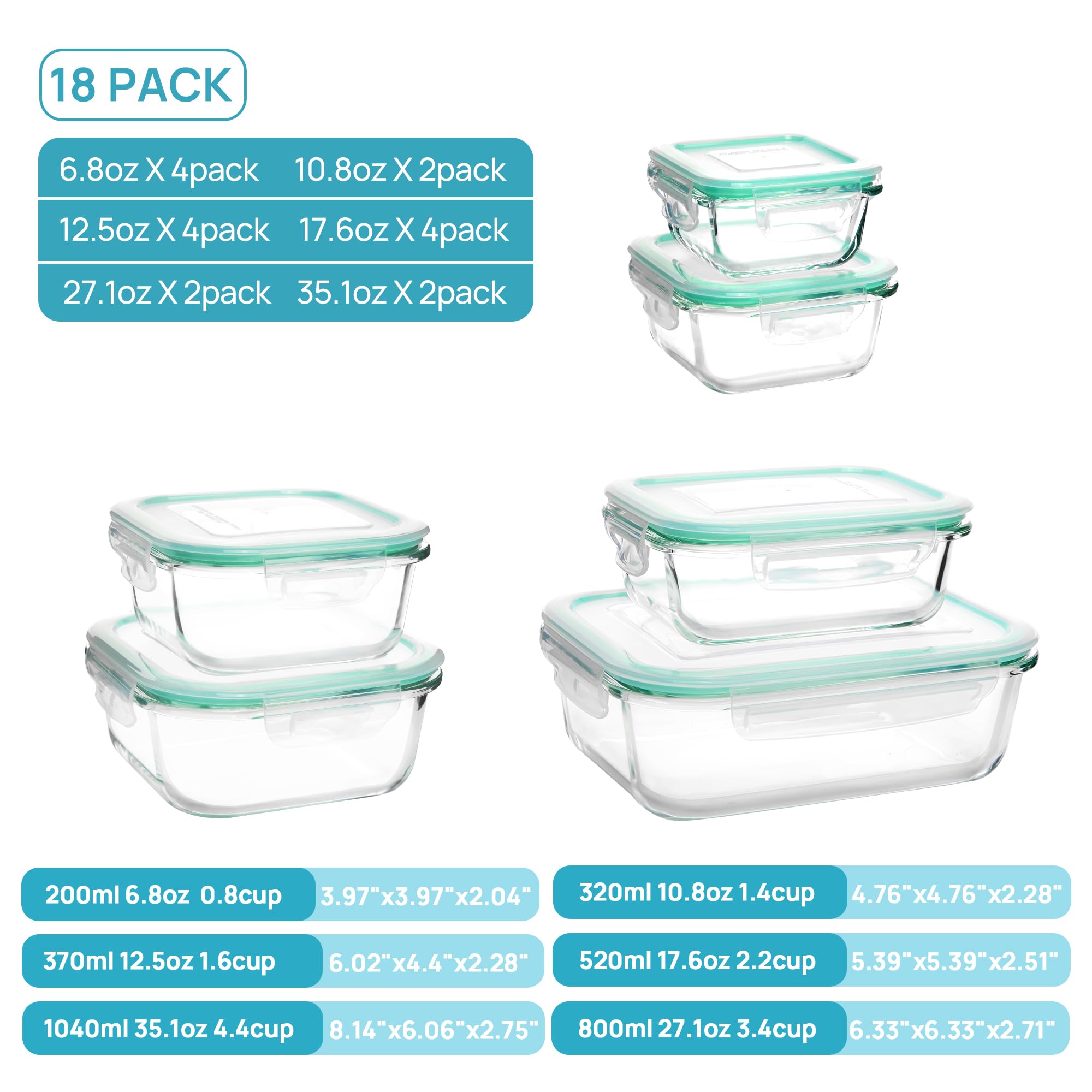 [Video Only] Vtopmart 18 Pack Glass Food Storage Containers with Lids -Stackable Design for Kitchen Utensils Oven Microwave Freezer Dishwasher Kitchenware  Square Fridge Organizers Insulated Lunch Compartment Green Rectangle