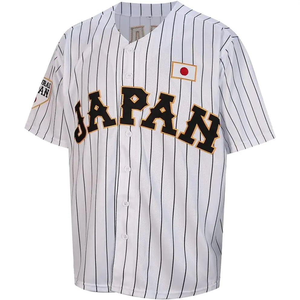 Men's #16 Japan White Black Pinstriped V-Neck Button-Up Breathable Polyester Machine Washable Casual Baseball Jersey Top for Sports Fans