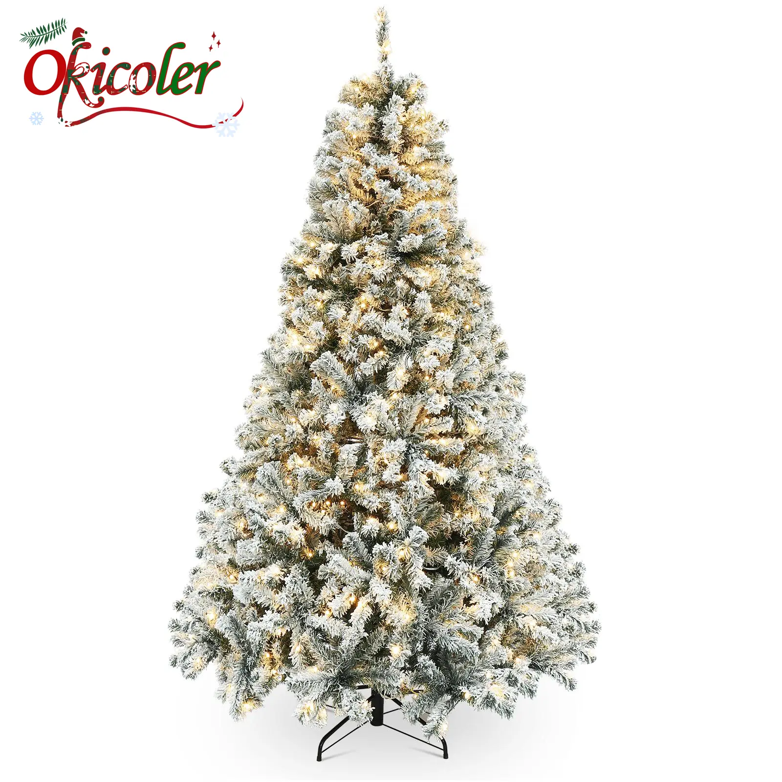 Okicoler 6.5 FT Pre-Lit Christmas Tree Premium Hinged Artificial Pine Lighted Holiday Tree for Home, Office w/ 850 Branch Tips, 250 Lights, Metal Hinges, Foldable Base
