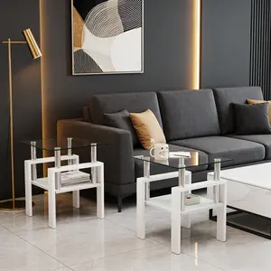 Modern Set of 2 End Tables,Tempered Glass Two-Tier End Table, Shatter-Resistant Tabletop & MDF Base - 17.7 Inch Square Side Tables for Living Room,Bedroom,Apartment