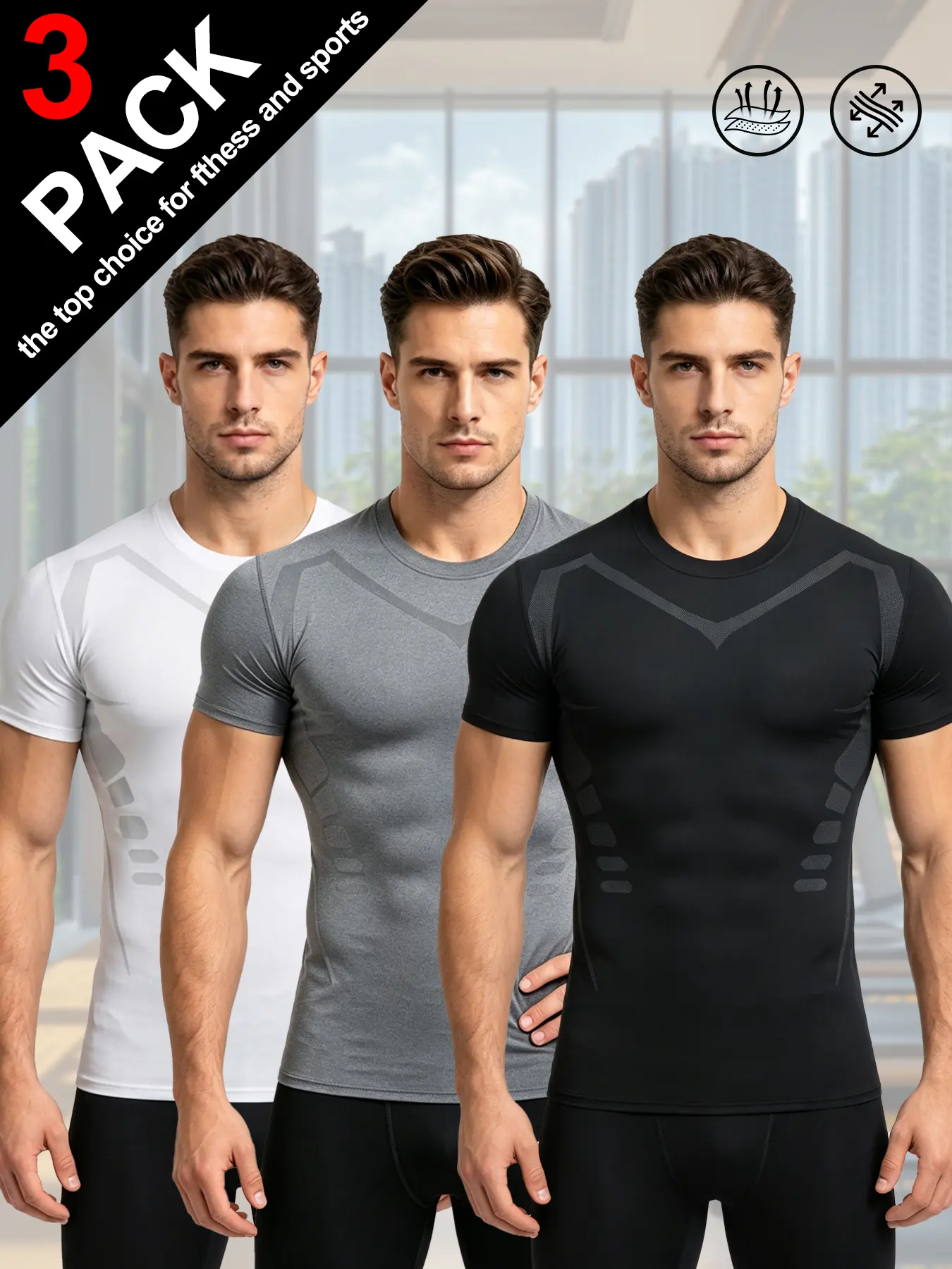 Men's 3 Pack Short Sleeve Compression Shirts, Muscle Mapping Vent Athletic Base Layer Tops, Quick Dry 4-Way Stretch Workout Undershirts for Gym Running Cycling Training