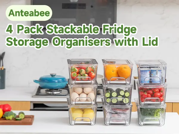 Stackable clear refrigerator drawer organizer bins holding fresh fruits and vegetables