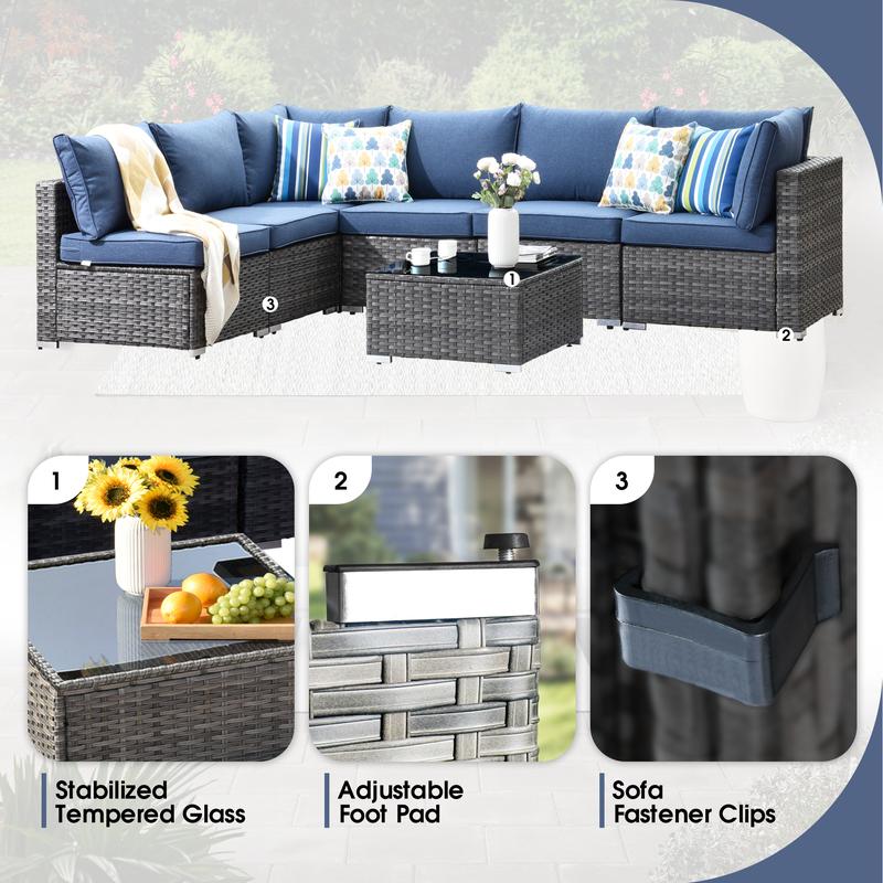 【3 Packages Shipping】Ovios Outdoor 7 Piece Coversation Set with Coffee Table,Sectional Patio Furniture Set with All-Weather Wicker Sofa,Modern Outside Couch for Balcony Backyard Pool