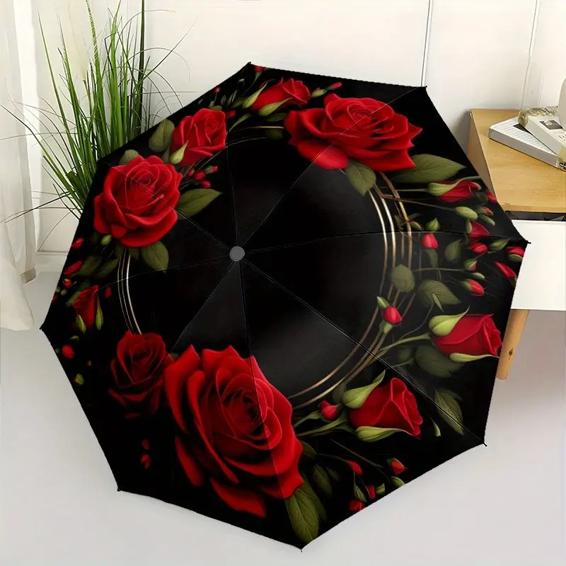 Rose Pattern Umbrella, 8-Rib Plastic Handle, Automatic Open/closed, Foldable Windproof Lightweight Rainproof Portable Shade, Perfect Halloween Christmas Gift, Floral, Portable Folding Umbrella