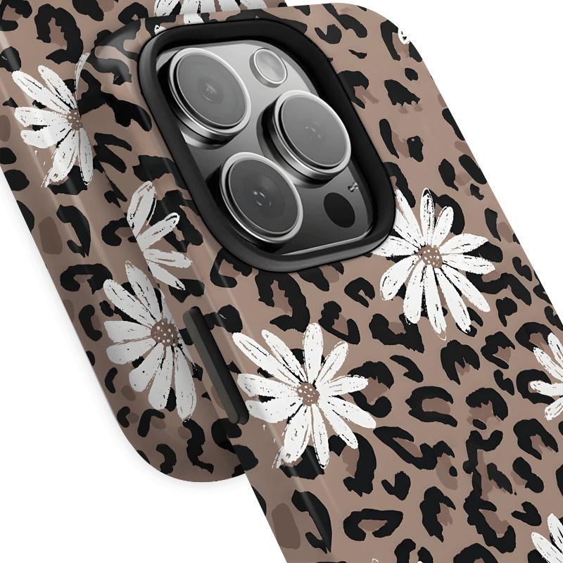 Leopard print daisy pattern, durable and shock-absorbing glossy 2-in-1 phone case, suitable for iPhone 17 16 15 14 13 12 11 X, Samsung and other series models, can be given as a holiday gift to friends or home