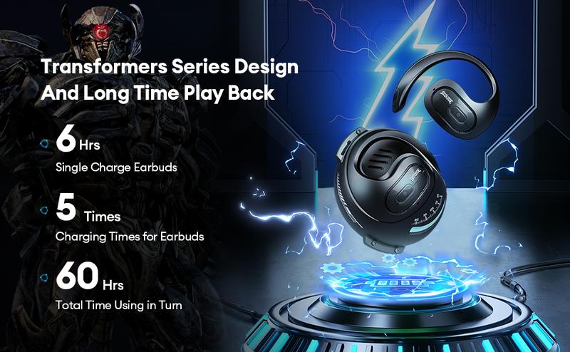 【US Local Shipping】Transformers TF-T07 Wireless Earbuds Bluetooth 5.4 Wireless Open Free Ear Gaming Headphones IPX5 Waterproof Noise Cancelling Running Sport Wireless Bluetooth Earbuds with Mic and Earhooks Compatible For Android/iOS