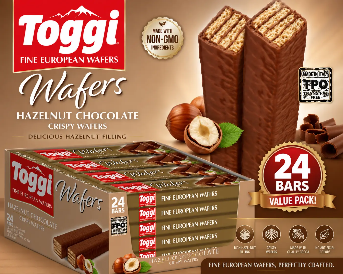 Toggi Fine European Hazelnut Wafers 1.75 oz 24 Count Tray  Crispy Cream-Filled Wafer Cookies | Gourmet European Snack Treats