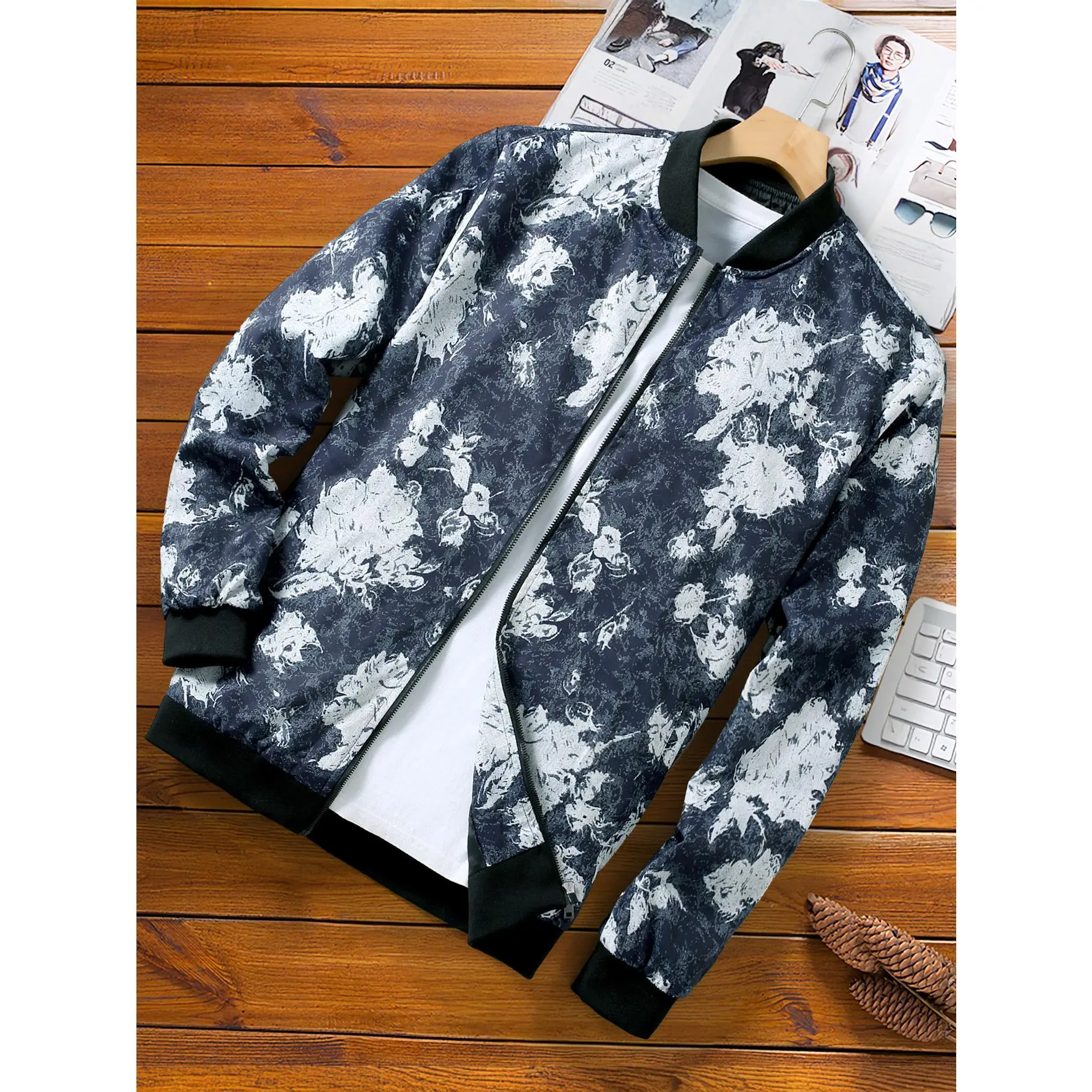Menswear Abstract Floral Print Bomber Jacket - Navy Blue & White Zip-Up Lightweight Long Windbreaker Coat, Stylish Classic Vibe Streetwear with Ribbed Collar, Cuffs, Leopard Fleece, Buffalo Plaid Sherpa, Ideal for Teens & Day Casual Tops, Fashion