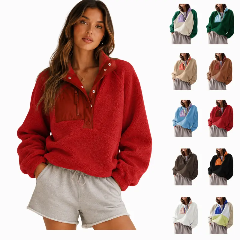Molitree Women's Fuzzy Fleece Pullover Jacket Cropped Fall Winter Fitted Turtleneck Long Sleeve Green Sherpa Sweatshirt Coat with Pockets Casual Colorblock Jacket Tops