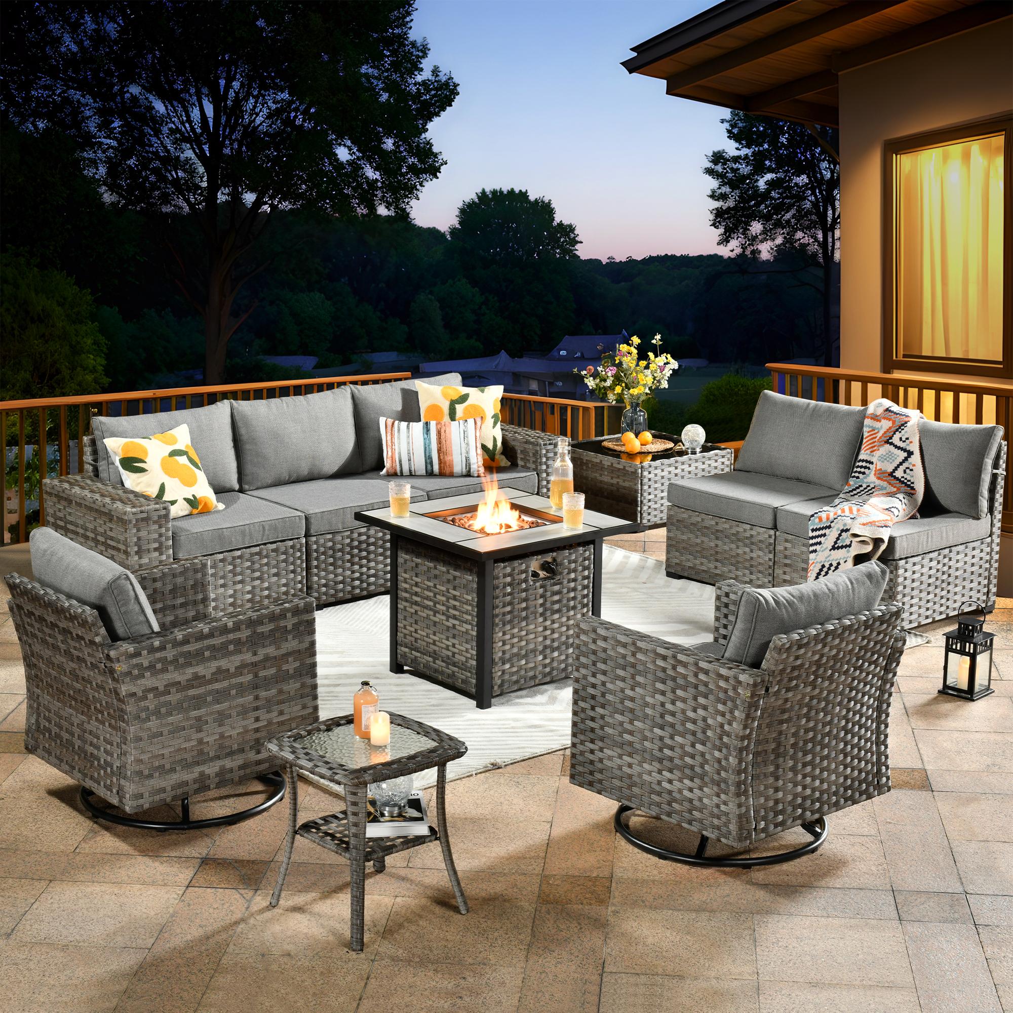 Ovios 10-Piece Outdoor Patio Furniture with 7.68'' Handrails, 30'' Fire Pit Table & Rocking Chair, All-Weather Wicker Conversation Set with Cushions for Backyard Patio Porch Deck Balcony Seating Ovios 10-Piece Outdoor Patio Furniture with 7.68'' Handrails, 30'' Fire Pit Table & Rocking Chair, All-Weather Wicker Conversation Set with Cushions for Backyard Patio Porch Deck Balcony Seating