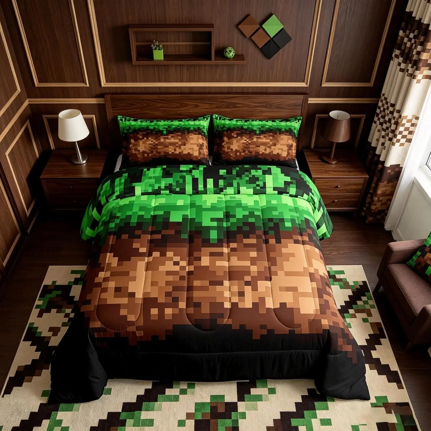Pixel Grid Miner Comforter Set,Video Games Geometric Patchwork Bedding Set,Brown Black Green Down Comforter for All Season,Room Decor,No Sheets