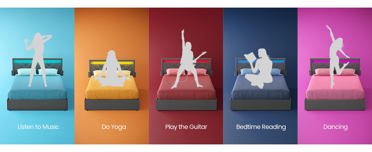 SONGMICS LED Bed Frame Queen Size with Headboard and 4 Drawers, 1 USB Port and 1 Type C Port, Adjustable Upholstered Headboard