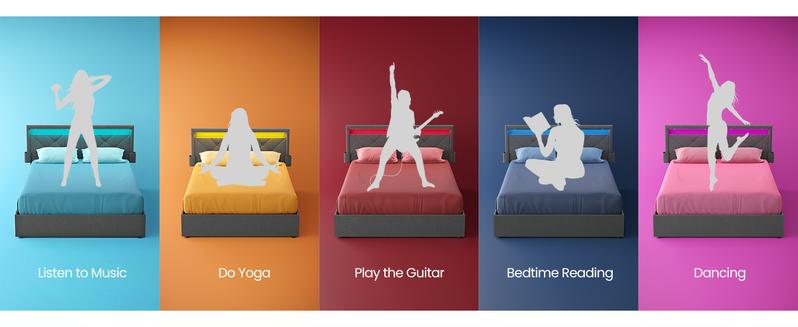 SONGMICS LED Bed Frame Queen Size with Headboard and 4 Drawers, 1 USB Port and 1 Type C Port, Adjustable Upholstered Headboard