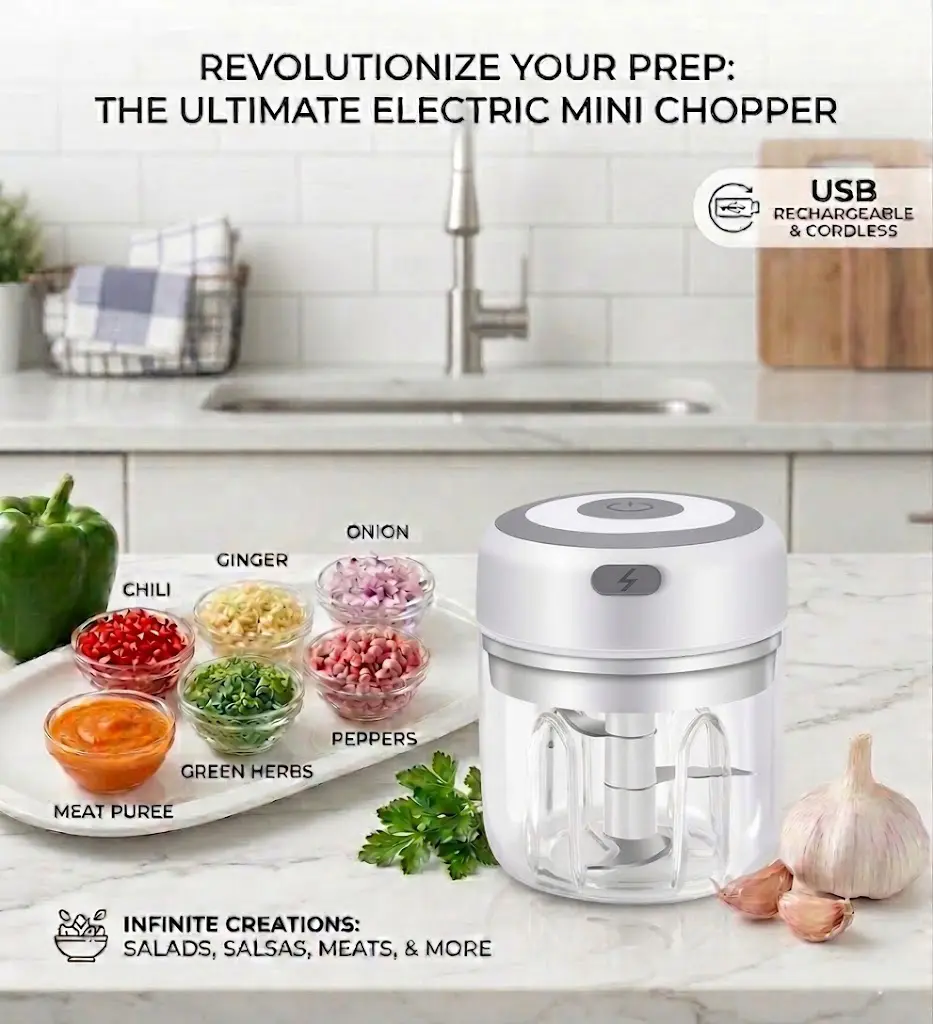 GMOX Lightweight Mini Electric Food Chopper - USB Rechargeable, 1-Touch Operation, Compact Kitchen Prep Tool for Garlic, Onion, Easy to Clean, None