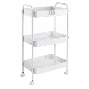 3 Tier Rolling Cart, Metal Utility Cart with 4 Hooks Storage Cart on Wheels Craft Cart with Handle for Organizer Storage for Classroom Office Dorm Home Pink