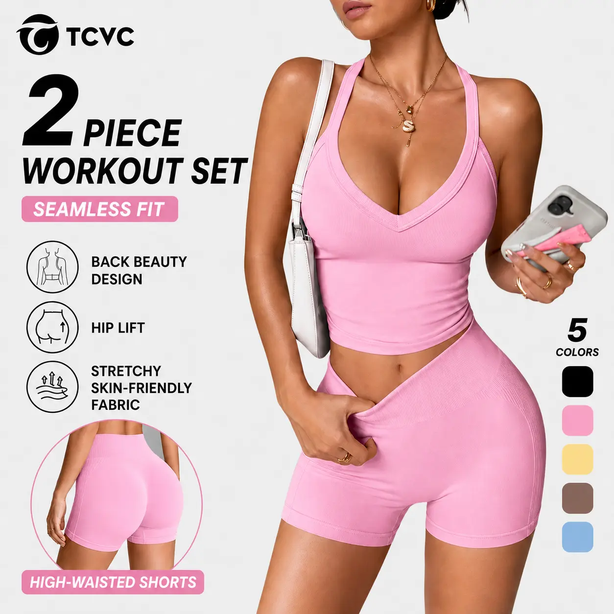 TCVC Women’s Halter V Neck 2 Piece Workout Set, Basic & Padded Bra Options, Seamless High Waist Shorts, Butt Lifting Yoga Gym Summer Outfit