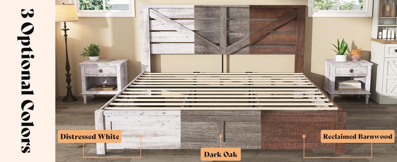 VanAcc Farmhouse Bed Frame with 49.2" Barn Door Headboard, Platform Bed Frame with Wood Slats, Under Bed Storage Space, Noisy Free, Easy Assembly