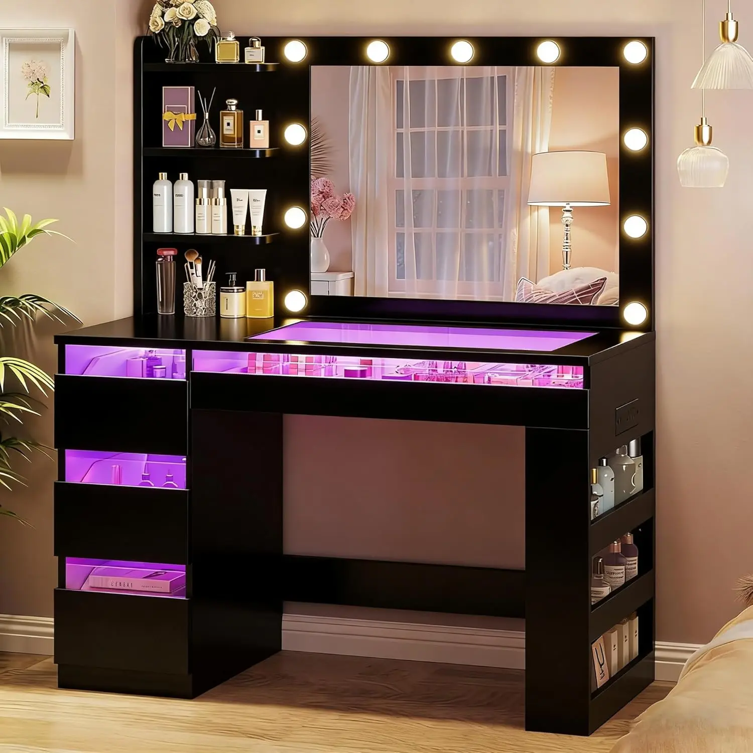 Vanity Desk with Lighted Mirror & Transparent Top, Makeup Vanity Desk with 4 Transparent Drawers and RGB Lighting, Built-in Power Outlet, 3-Tier Side Shelves & Storage Organizer for Bedroom, Makeup Vanity Table, Led Vanity Desk