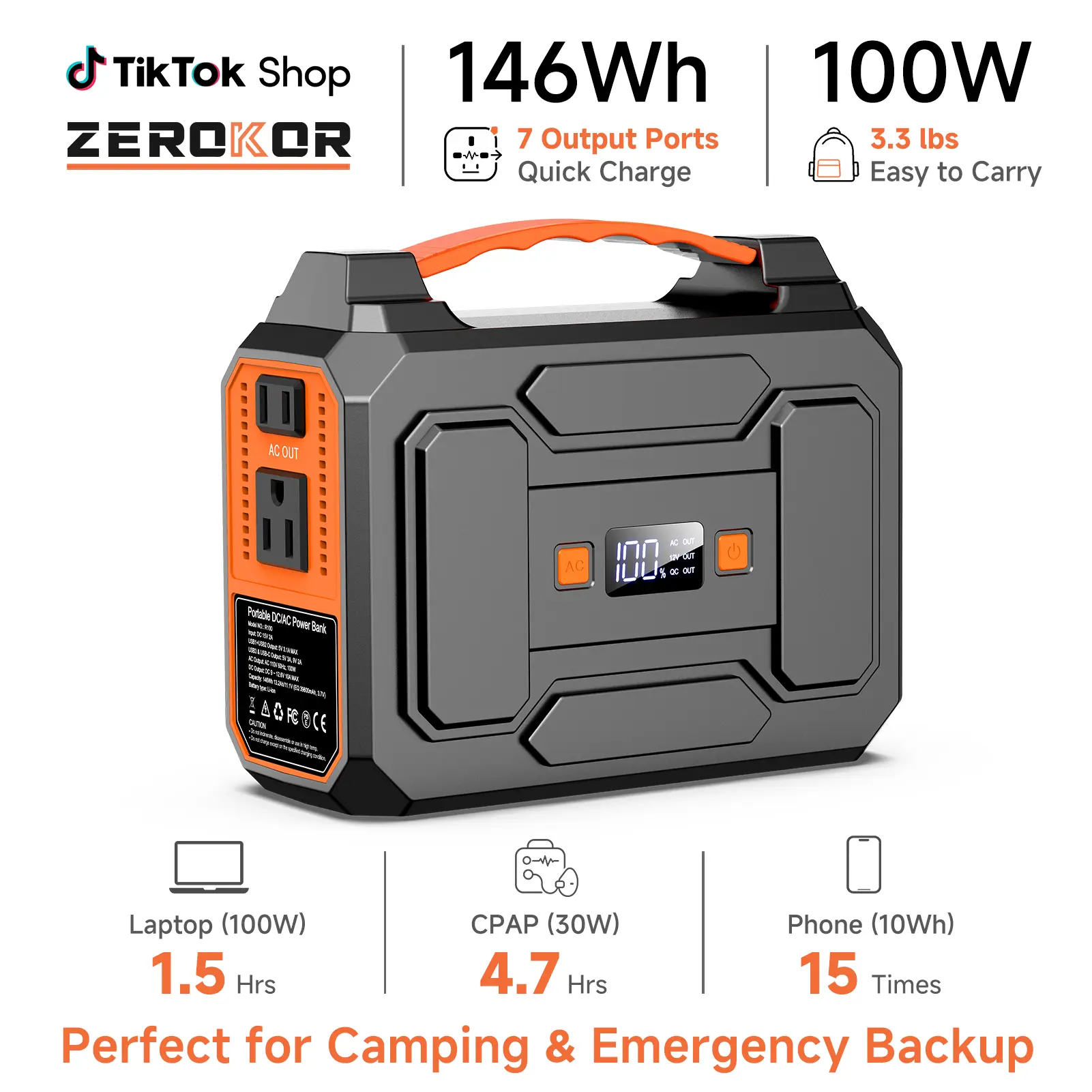 [ZeroKor] Mobile Lithium Rechargeable Battery Portable Powerstation, Multifunctional High Power Charger with 2x100W AC Outlets, USB-C & QC Fast Charging, 7 Output Ports, Built-in LED Lamp for Camping, Home Emergency, High Capacity Battery Phone Smartphone
