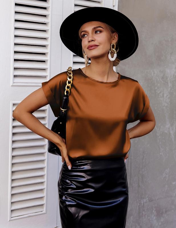 2 Pieces Sets Women's Short Sleeve Pullover Blouses Satin Silk Shirts Casual Loose Work Tunic Tops