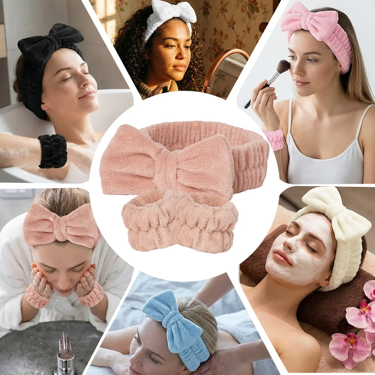 Face Washing Headband & Wristband Set 2-Pack - Soft Puffy 