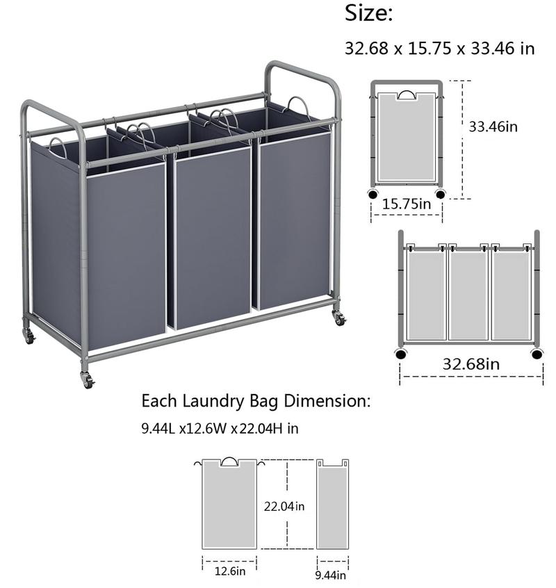 3 Section Laundry Sorter, 3 Bag Laundry Hamper Cart with Heavy Duty Rolling Lockable Wheels and Removable Bags, Laundry Organizer Laundry Basket Laundry Clothes Separator Hamper Container Black Deals For You Days