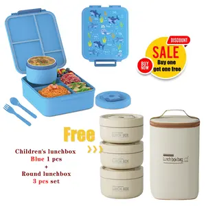 Nifogo Adult & Kid Lunch Combo: Portable Round lunch box + BPA-Free Children's lunch box, perfect for mom running, office & school days (Beige+Blue/Pink)