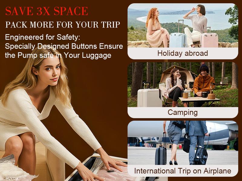 Travel Vacuum Bags with Pump 9/15 Pack Compression Space Saver Bags for Luggage & Suitcase Portable Electric/Hand Pump Airtight Storage for Clothes Bedding & Travel Essentials