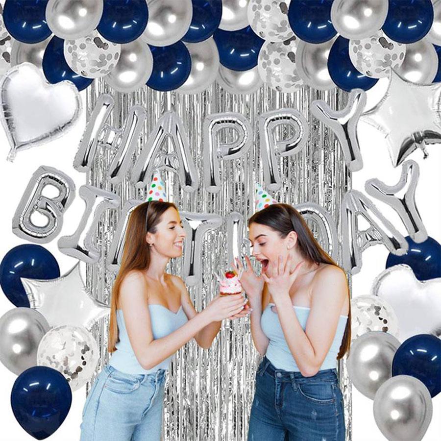 Elegant Birthday Balloon Decoration Set Stylish Blue Silver & Rose Gold Foil Curtain Heart Shaped & Confetti Balloons for Boyfriend’s Surprise Summer Parties & Baby Showers