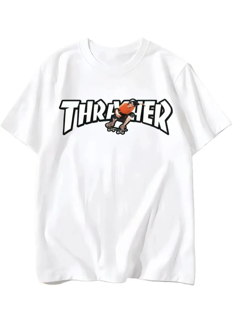 Men's Thrasher Graphic T-Shirt - Menswear Cotton Short-Sleeve Tee, Casual Streetwear for Skate Lovers, Hoodie-Inspired Design, Breathable Sweat-Absorbent Fabric, Cute Cartoon Print, Tropical Vibe