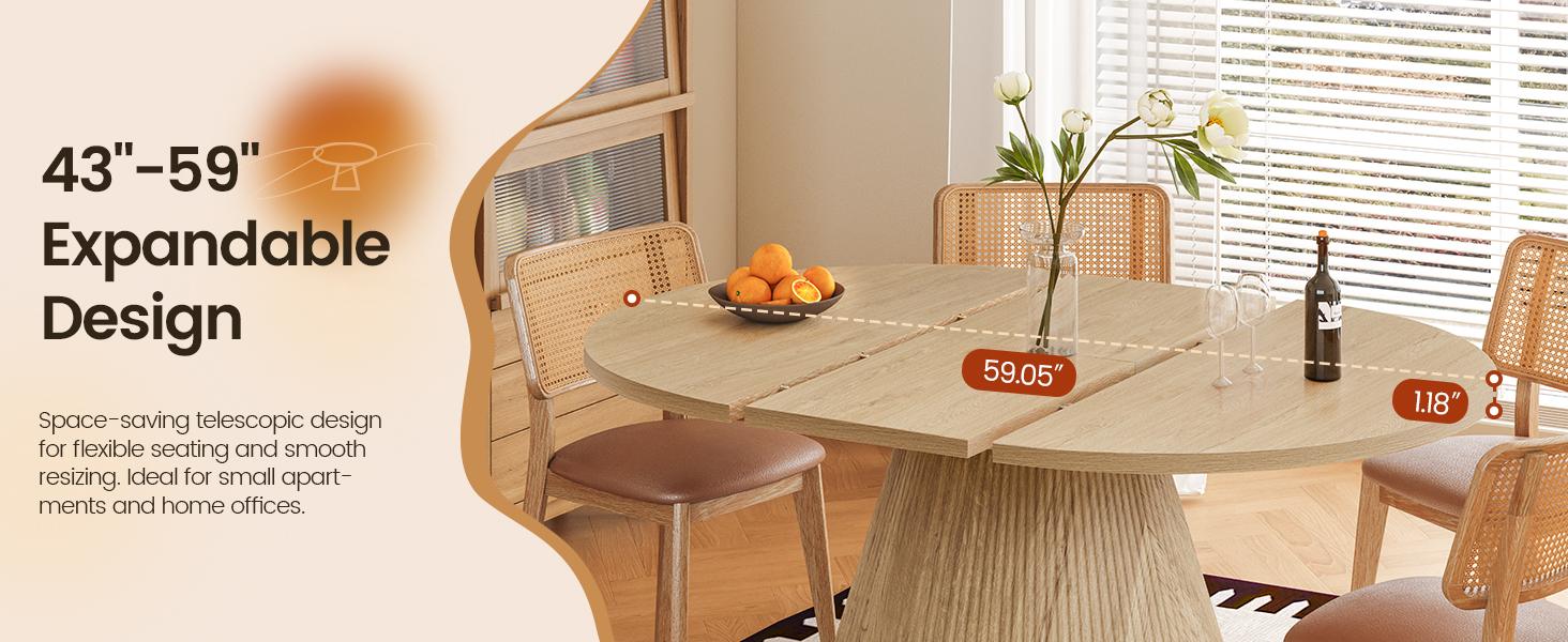 Giratree 43.3"–59" Expandable Round Dining Table for 4–8, Space-Saving Oval Dining Table with Detachable Leaves, Modern Transformer Table with Fluted Pedestal Base for Kitchen & Dining Room