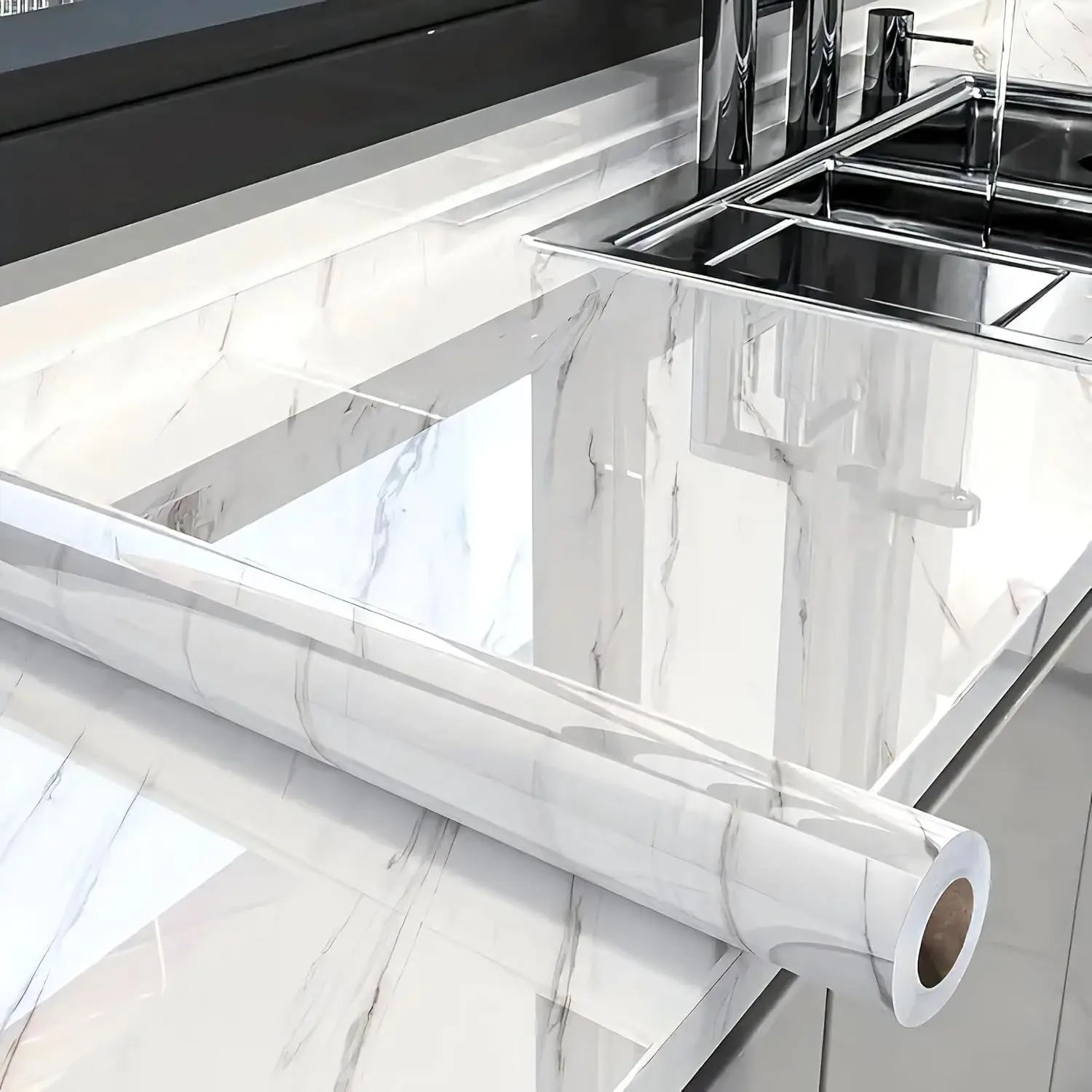 Glossy White Marble Peel-and-Stick Contact Paper, Self-Adhesive Removable Waterproof Wallpaper (11.8"x78.7") for Cabinets, Bathroom, Modern Home Improvement Decor