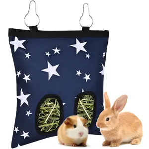 Upgraded Rabbits Hay Feeder Bag for Bunny, Guinea Pigs, Chinchillas - Hanging Washable 2-Hole Hay Dispenser with 600D Oxford Fabric, Small Animal Cage Accessories (Blue Star)