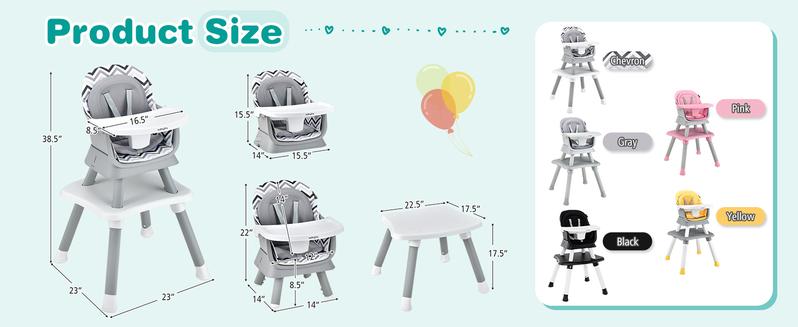 Baby High Chair, Convertible Highchair for Babies & Toddlers | Booster Seat | Table and Chair Set | Infant Feeding Chair with Safety Harness, Removable Tray,Christmas Festival Gift Black Friday Cyber Monday