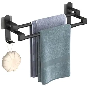 Double Layer No-Drill Bathroom Towel Rack, Black ABS Coated Carbon Steel, Heavy-Duty Adhesive Wall Mounted Towel Holder & Organizer, Space Saving 2-Tier Towel Bar for Bathroom, Kitchen, Apartment