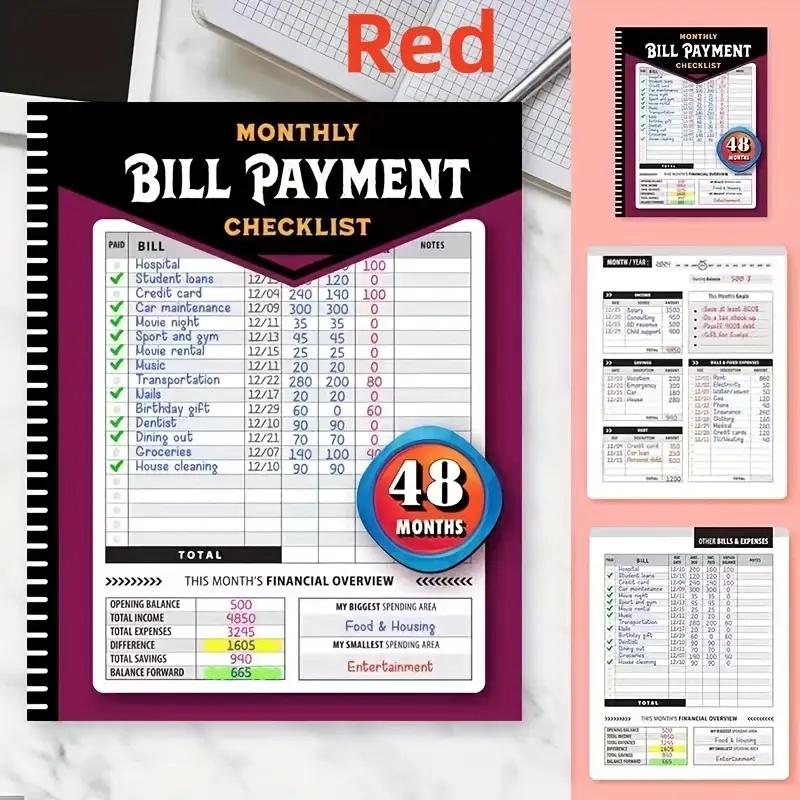 48-Month Budget Tracking Notebook Monthly Financial Organizer English Paper Material for Personal Finance Management Weekly Planner Pink Notepad Bill Payment Checklist Office Stationery Supplies
