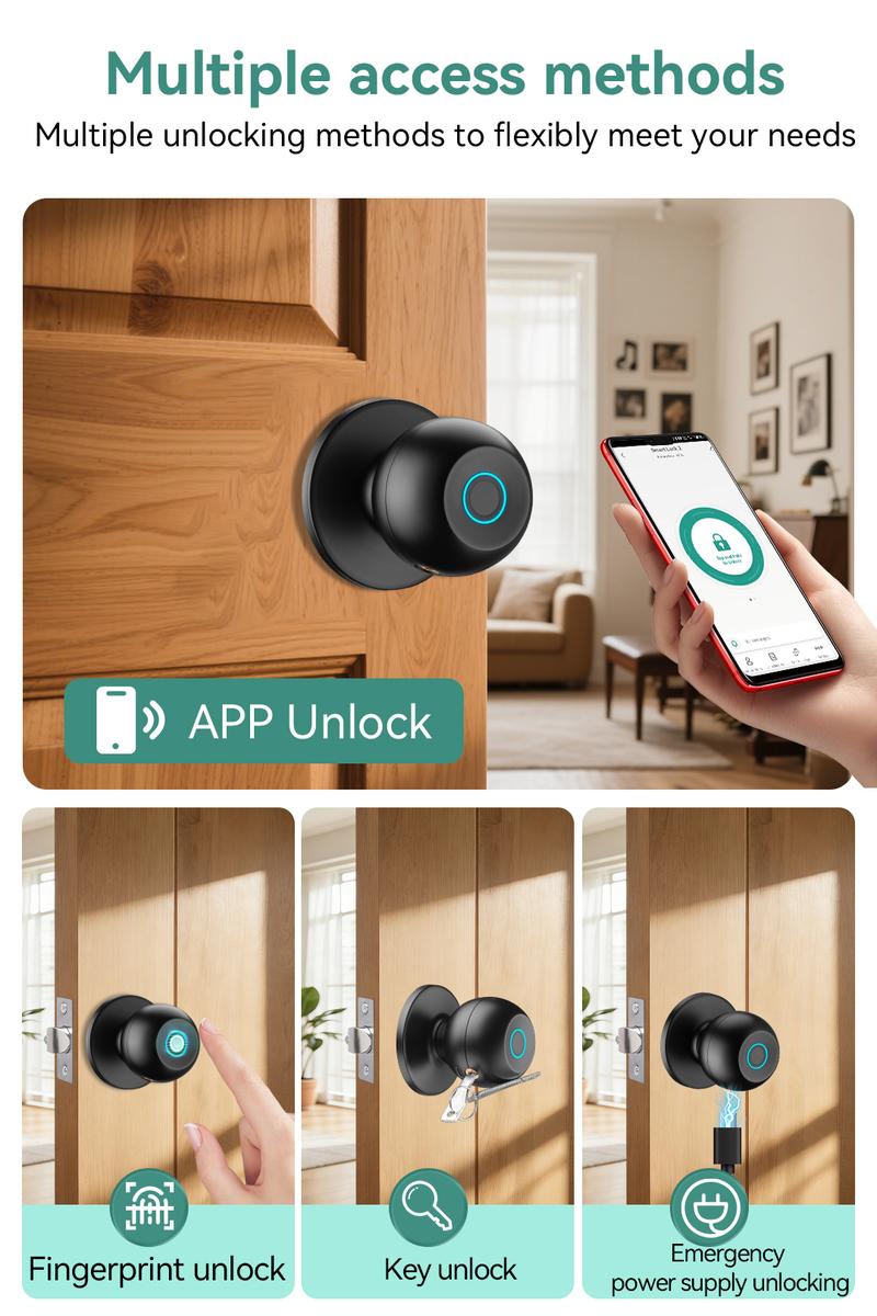 Smart Fingerprint Door Knob Keyless Entry 3-in-1 Biometric Knob Lock APP Control Bedroom Home Privacy