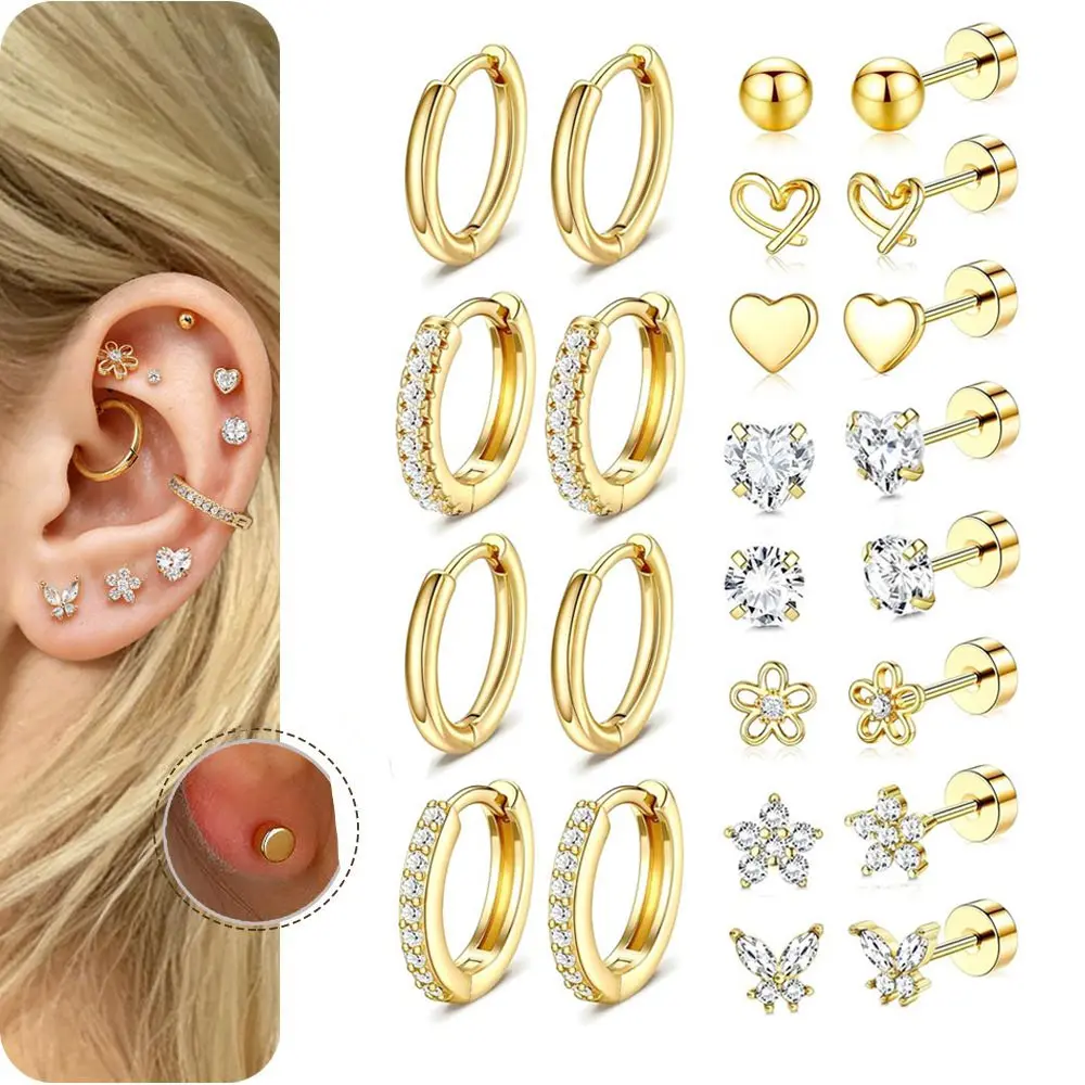 12 Pairs Cartilage Earrings Flat back Stud Earrings for Women 20g Gold Plated Stainless Steel Set Small Huggie Hoop Flatback Earring for Sensitive Ears Screw Back Daith Conch Tragus Helix Piercing Jewelry